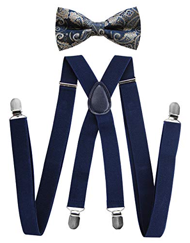 axy Herren Hosenträger mit Fliege - 4 Starken Clips X-Form HFLI4 (Schwarzblaue Hosenträger Breit 2,5cm + Fliege Nr.20) von axy