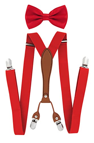 axy Herren Hosenträger mit Fliege im 2er Set Breit 2,5 cm X-Form und 4 Starken Clips PU25 (Rot) von axy