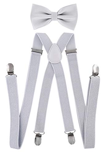 axy Herren X-Form Hosenträger mit Fliege Set - bereits gebunden, 4 Starken Clips HFL1A (Silber mit Glitzerfäden (Hosenträger Breit 2,5cm) + Silber Fliege) von axy