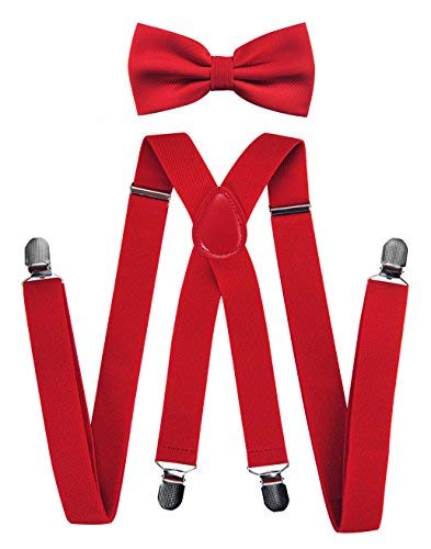 axy Herren X-Form Hosenträger mit Hochweritge Fliege - bereits gebunden, 4 Starken Clips HFL1A (Rot (Hosenträger Breit 2,5cm)) von axy