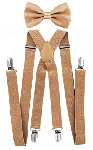 axy Hochwertige Herren Hosenträger mit Fliege - 4 Starken Clips X-Form (Beige (Hosenträger Breit 2,5cm)) von axy