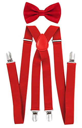 axy Hochwertige Herren Hosenträger mit Fliege - 4 Starken Clips X-Form (Rot (Hosenträger Breit 2,5cm)) von axy