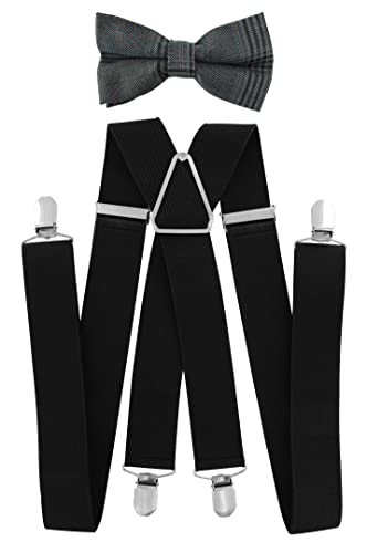 axy Hochwertige Herren Schwarze Hosenträger mit Fliege Set- 4 Starken Clips X-Form-3,5cm breit (Schwarze Hosenträger + Fliege Modell 3) von axy