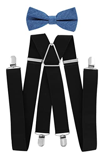 axy Hochwertige Herren Schwarze Hosenträger mit Fliege Set- 4 Starken Clips X-Form-3,5cm breit (Schwarze Hosenträger + Fliege Modell 8) von axy