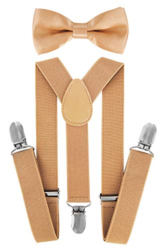 axy Hochwertige Kinder Hosenträger-Y Form mit Fliege- 3 Clips EXTRA STARK-Uni Farben (Beige) von axy