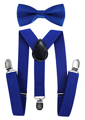 axy Hochwertige Kinder Hosenträger-Y Form mit Fliege- 3 Clips EXTRA STARK-Uni Farben (Blau) von axy