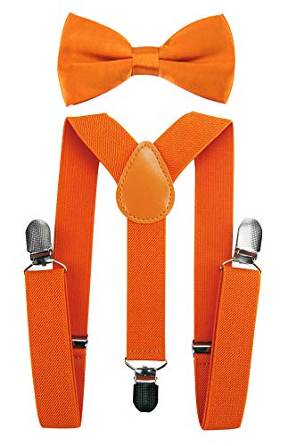 axy Hochwertige Kinder Hosenträger-Y Form mit Fliege- 3 Clips EXTRA STARK-Uni Farben (Orange) von axy