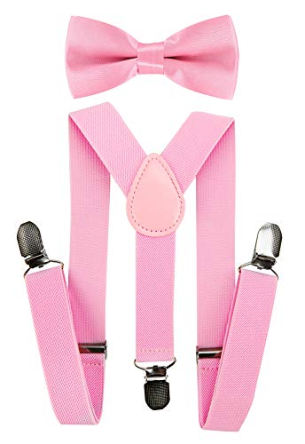 axy Hochwertige Kinder Hosenträger-Y Form mit Fliege- 3 Clips EXTRA STARK-Uni Farben (Pink) von axy