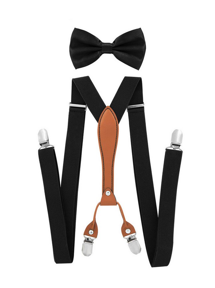 axy Hosenträger Herren Hosenträger mit Fliege Set 4 Stabile Clips X-Form (2-St., 2er Set) 2,5cm Breit verstellbar und elastisch, 120cm Lang von axy