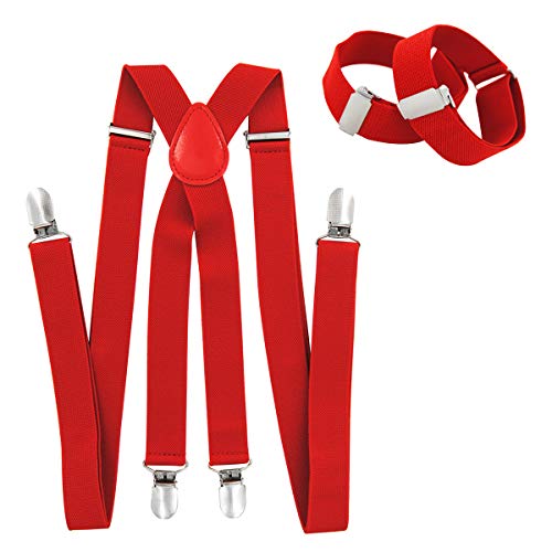 axy Hosenträger mit Ärmelhalter set für Herren - 4 Stabile Clips X-Form Breit 2,5 cmkombinierbar mit Fliege, Hülsenhalter Ärmelband Einstellbar und Elastisch (Rot) von axy