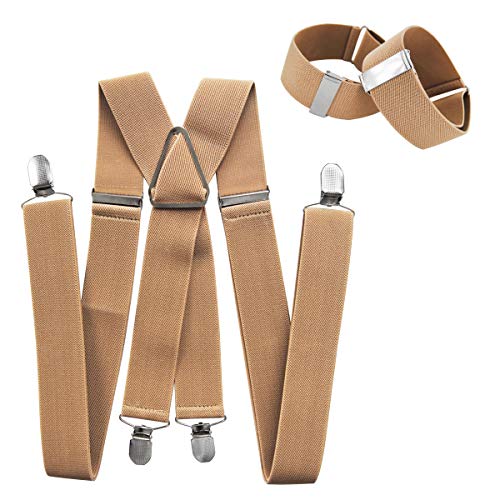 axy Hosenträger mit Ärmelhalter set für Herren 4 Stabile Clips X Form Breit 3,5 cm Hülsenhalter Ärmelband Einstellbar und Elastisch (Beige Set) von axy