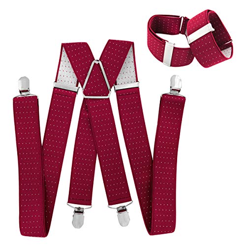 axy Hosenträger mit Ärmelhalter set für Herren 4 Stabile Clips X Form Breit 3,5 cm Hülsenhalter Ärmelband Einstellbar und Elastisch (Rot-weiße Punkte Set) von axy