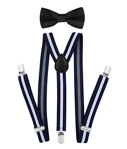 axy Kinder Jungen Hosenträger-Y Form 2,5cm breit mit Fliege - 3 Stabile Clips für Kinder 7-12 Jahre alt (Streifen Nr.7) von axy