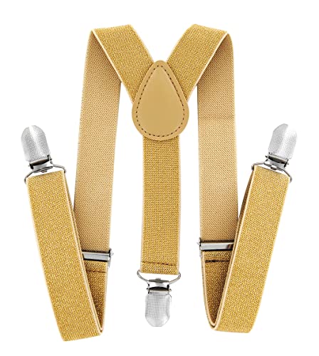 axy Kinder Jungen Hosenträger-Y Form breit 2,5 cm mit 3 Starken Clips, kombinierbar mit Fliege - Uni Farben (Größe: für Kinder (1-6 Jahren), Gold (mit Glitzerfäden)) von axy