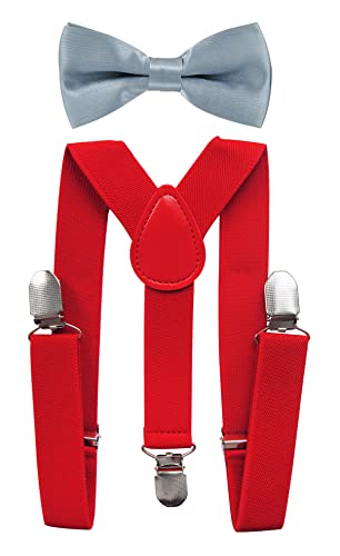 axy Kinder Rote Hosenträger-Y Form mit Fliege- 3 Clips EXTRA STARK (Rote Hosenträger + Hellgraue Fliege) von axy