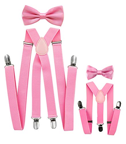 axy Vater-Sohn Partnerlook Hosenträger mit Fliege Set für Herren-Damen-Kinder (Pink (Herren 2,5cm + Kinder Hosenträger Breit 2,5cm)) von axy