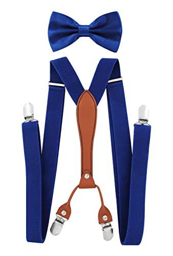 axy Herren Hosenträger mit Fliege im 2er Set Breit 2,5 cm X-Form und 4 Starken Clips PU25 (Blau) von axy