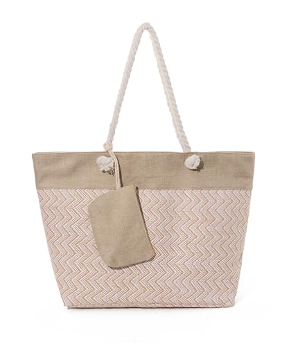 axy XXL Strandtasche mit Reißverschluss Multifunktionale Familie Badetasche Shopper Damen Beach bag Modisch Faltbar Jute (Beige) von axy