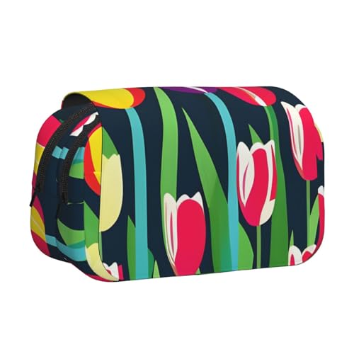 axzttupy Federmäppchen mit buntem Tulpenmuster, stilvolles Federmäppchen, Reise- und Bürobedarf, praktischer Make-up-Organizer von axzttupy