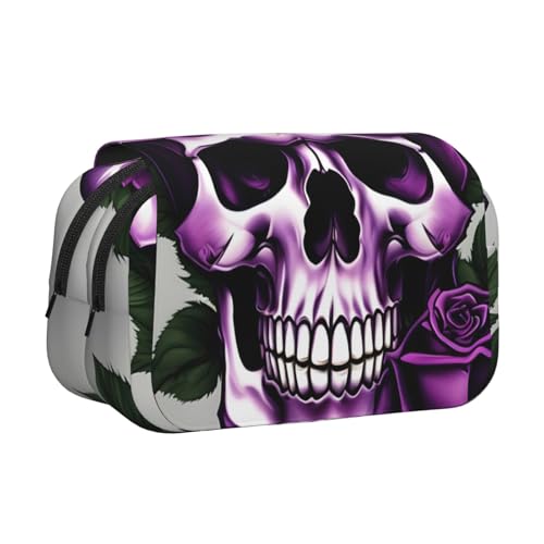 axzttupy Federmäppchen mit violettem Rosen-Totenkopf-Aufdruck, stilvolles Federmäppchen, Reise- und Bürobedarf, praktischer Make-up-Organizer von axzttupy