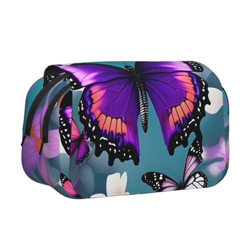 axzttupy Federmäppchen mit violettem Schmetterlings- und Blumendruck, stilvolles Federmäppchen, Reise- und Bürobedarf, praktischer Make-up-Organizer von axzttupy