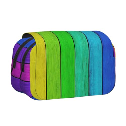 axzttupy Regenbogenfarbener Holzhintergrund, stilvolles Federmäppchen, Reise- und Bürobedarf, praktischer Make-up-Organizer von axzttupy