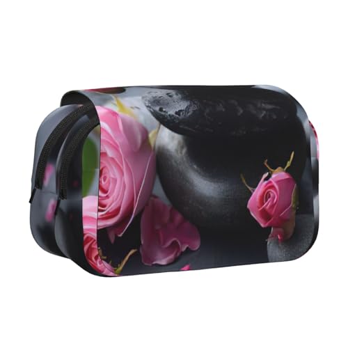 axzttupy Spa Federmäppchen mit Stein- und Rosenblüten, 3 Drucke, stilvolles Federmäppchen, Reise- und Bürobedarf, praktischer Make-up-Organizer von axzttupy
