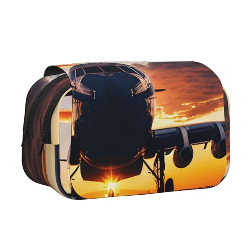 axzttupy Stylisches Federmäppchen mit Flugzeug-Motiv bei Sonnenuntergang, Reise- und Bürobedarf, praktischer Make-up-Organizer von axzttupy