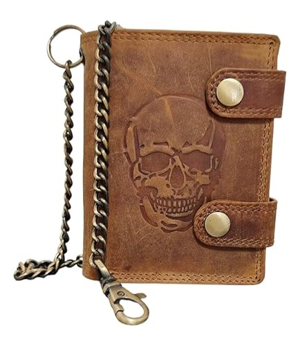 ayados Geldbörse Skull Motiv Herren Echt Leder Portemonnaie mit Hosenkette Geld-börse Portmonee Vintage Wallet Totenkopf (Skull Geldbörse mit Kette Braun Hochformat 103(DL)) von ayados