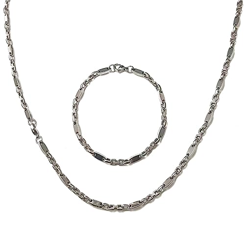 ayados Plattenkette Set Edelstahl 60,5 cm Steigbügelkette Cuban Halskette + Armband Platten Kette (Silber 4mm Plattenkette Set) von ayados