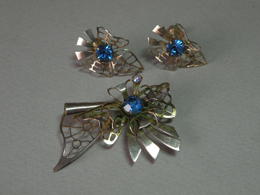 Vintage Saphir Blumen Brosche & Ohrringe Set von aylacreations