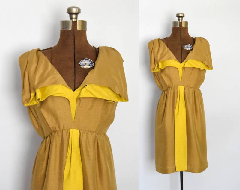 1960Er Jahre Seidenkleid in Kupfer Und Chartreuse Größe S von azaliashop