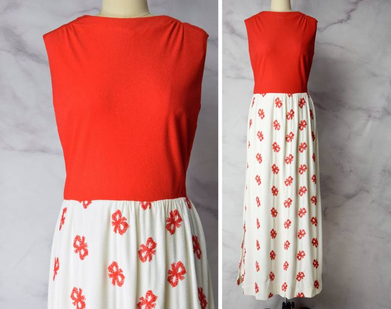 1960S Maxi Kleid Größe M 60Er Jahre Rot Weißes Bestickt Schleifen von azaliashop