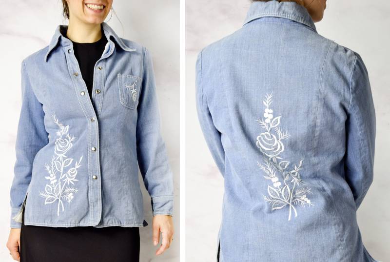 1970Er Jahre Bestickte Jeansjacke Größe S - Medium 70Er Snap Front Boho von azaliashop