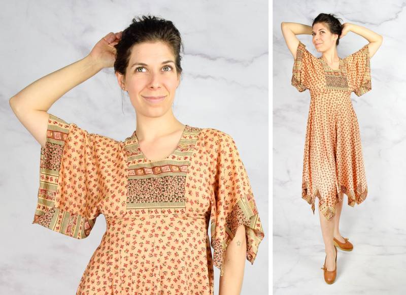 1970Er Jahre Taschentuch Kleid Größe Xs 70S Boho Day Dress in Peach Rosa Blumenkleid von azaliashop