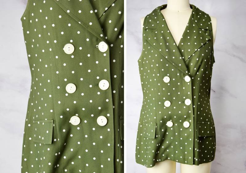 1970S Tank Top Größe Medium - Large 70Er Ärmellose Tunika in Moos Mit Polka Dots 80Er Jahre Bluse von azaliashop