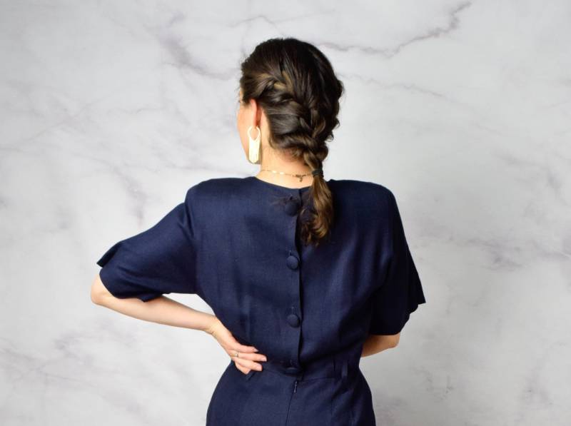 1980S Leinenmischung Kleid Größe Medium 80S Marine Blau Mit Knöpfen Zurück von azaliashop