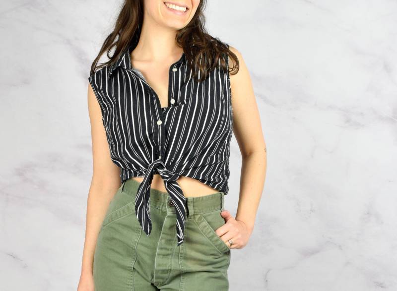 1990Er Jahre Leinenmischung Tank Größe Large/Xl 90Er Stripe Mit Krawatte Taille Minimalist Bluse von azaliashop