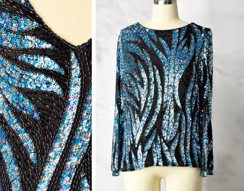 Späte 1970Er Jahre Oleg Cassini Bluse Größe Xs - Kleine Perlen Und Pailletten Seidenbluse Disco von azaliashop