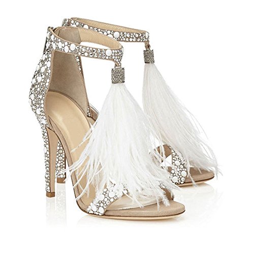 azmodo Damen Hochzeitskleid Party & Abend verziert Feder Stiletto Absatz Perle Strass Quaste, Weiss/opulenter Garten, 40.5 EU von azmodo
