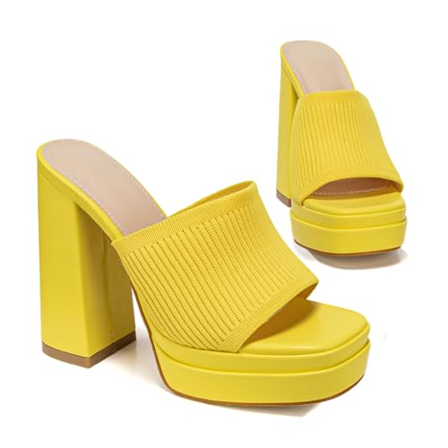 azmodo Elegante Pantoletten mit hohem klobigem Absatz für Damen, schicke Plateau-Sommer-Slip-Ons, Blockabsatz, Keilschuhe, mit Strick-Obermaterial, modisch, elegant, Abend-, Party-Schuhe, gelb, 36 EU azmodo Elegante Pantoletten mit hohem klobigem Absatz für Damen, schicke Plateau-Sommer-Slip-Ons, Blockabsatz, Keilschuhe, mit Strick-Obermaterial, modisch, elegant, Abend-, Party-Schuhe, gelb, 36 EU von azmodo
