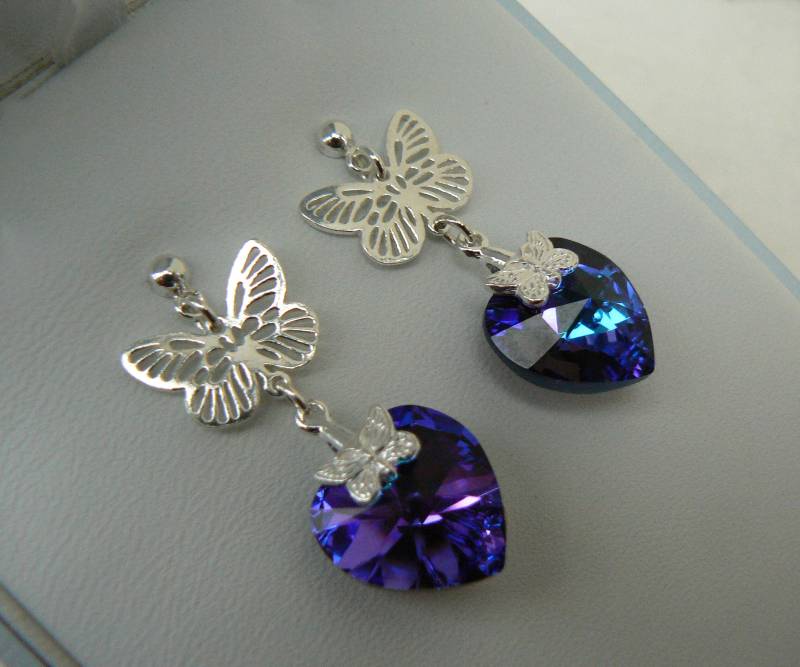 Schmetterling Ohrringe in Sterling Silber Mit Swarovski Elements Heliotrope Crystal Hearts von azteccity