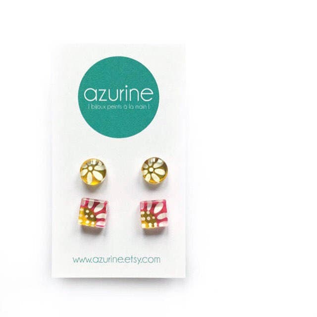 Blume Ohrringe Set | Rosa Und Gelb Handbemaltem Glas Von Azurine von azurine