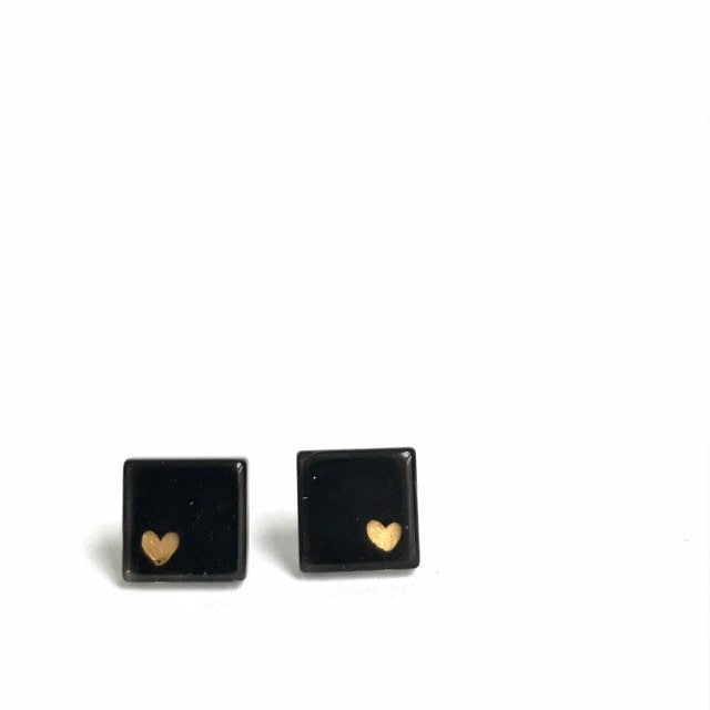 Boucles D'oreilles Coeur Or & Noir - Verre Peint À La Main Par Azurine von azurine