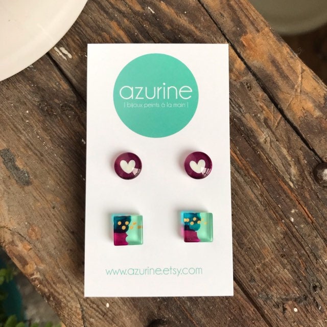 Duo De Boucles D'oreilles Coeur Fuchsia Et Vert Menthe Duo De Boucles D'oreilles Coeur Fuchsia Et Vert Menthe von azurine