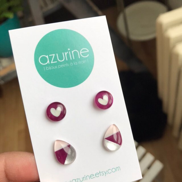 Duo De Boucles D'oreilles Coeur Rose Und Pois Fuschia - Peint À La Main Durch Azurin Duo De Boucles D'oreilles Coeur Rose Und Pois Fuschia - Peint À La Main Durch Azurin von azurine