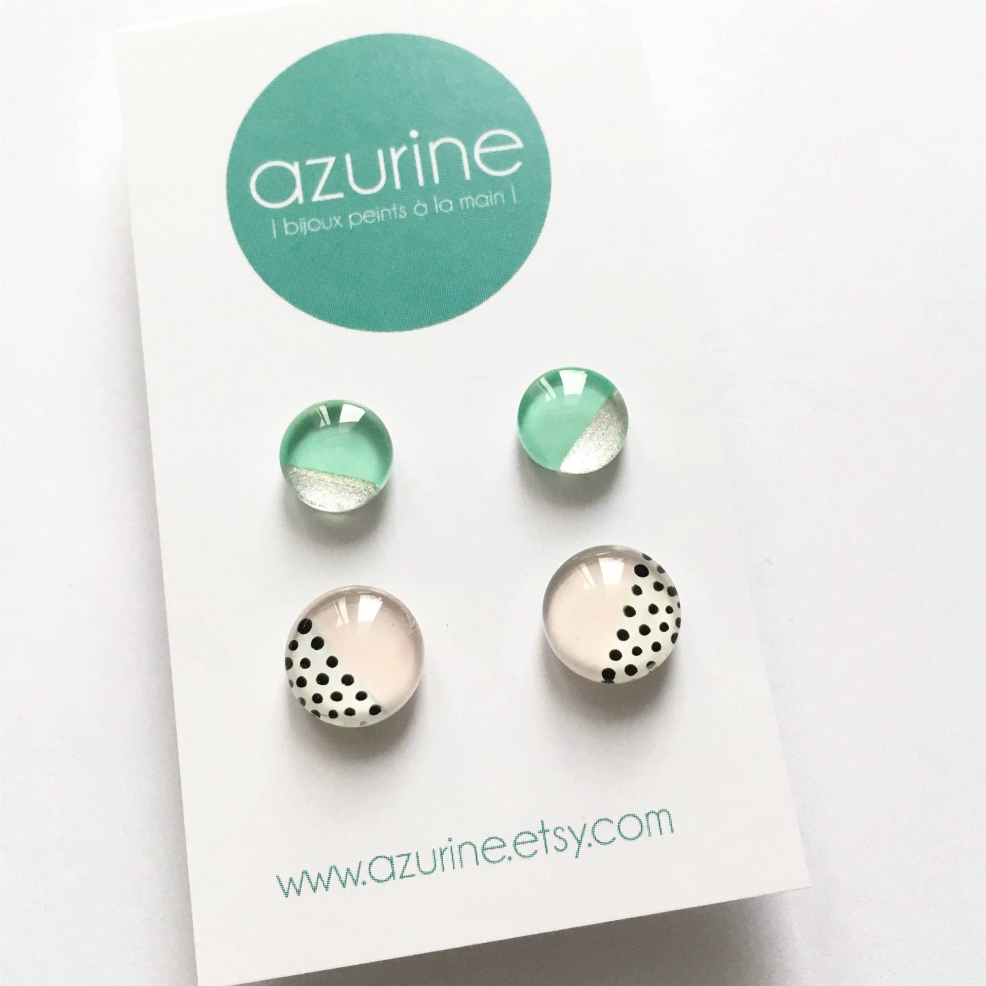 Duo De Boucles D'oreilles Minimalistisch | Motiv Coeur Et Pois Weiß, Schwarz Und Rosa Peint À La Main Azurin von azurine
