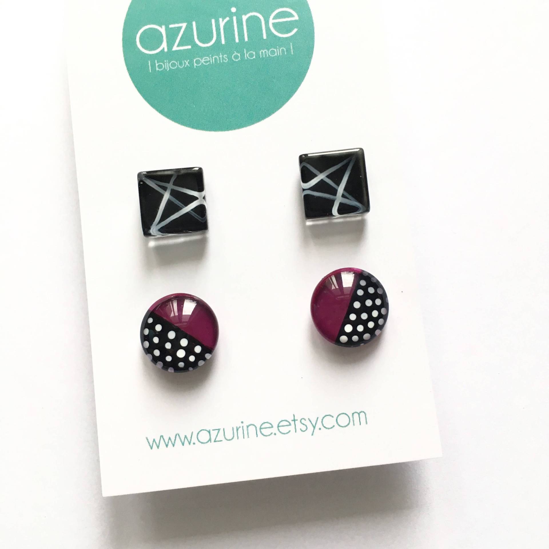 Duo De Boucles D'oreilles Minimalistisch | Motiv Pois Weiß, Schwarz Und Rosa Peint À La Main Azurin von azurine