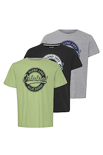 Blend 20715726 Herren T-Shirt Kurzarm Shirt mit Print Rundhals-Ausschnitt Frontprint hochwertige Baumwoll-Qualität 3-Pack Multipack, Größe:M, Farbe:Black Stone Mix Green Eye (202304) von b BLEND