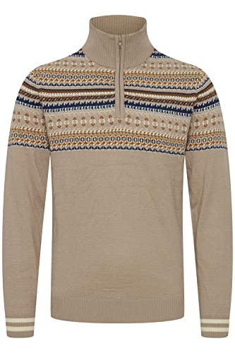 Blend BHGrote Herren Strickpullover Grobstrick Pullover Troyer mit Stehkragen und Reißverschluss Norweger Muster, Größe:3XL, Farbe:Crockery (161104) von b BLEND